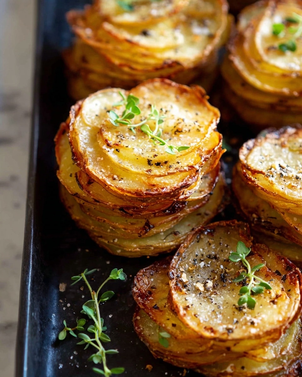 The image shows several stacks of thinly sliced golden-brown potato rounds arranged closely on a dark tray. Each stack has about 10 to 15 crispy layers with browned, slightly curled edges and a soft center. The potatoes are seasoned with black pepper and coarse salt, and small sprigs of green herbs are scattered on top for a fresh touch. The tray is placed on a white marbled surface. photo taken with an iphone --ar 4:5 --v 7
