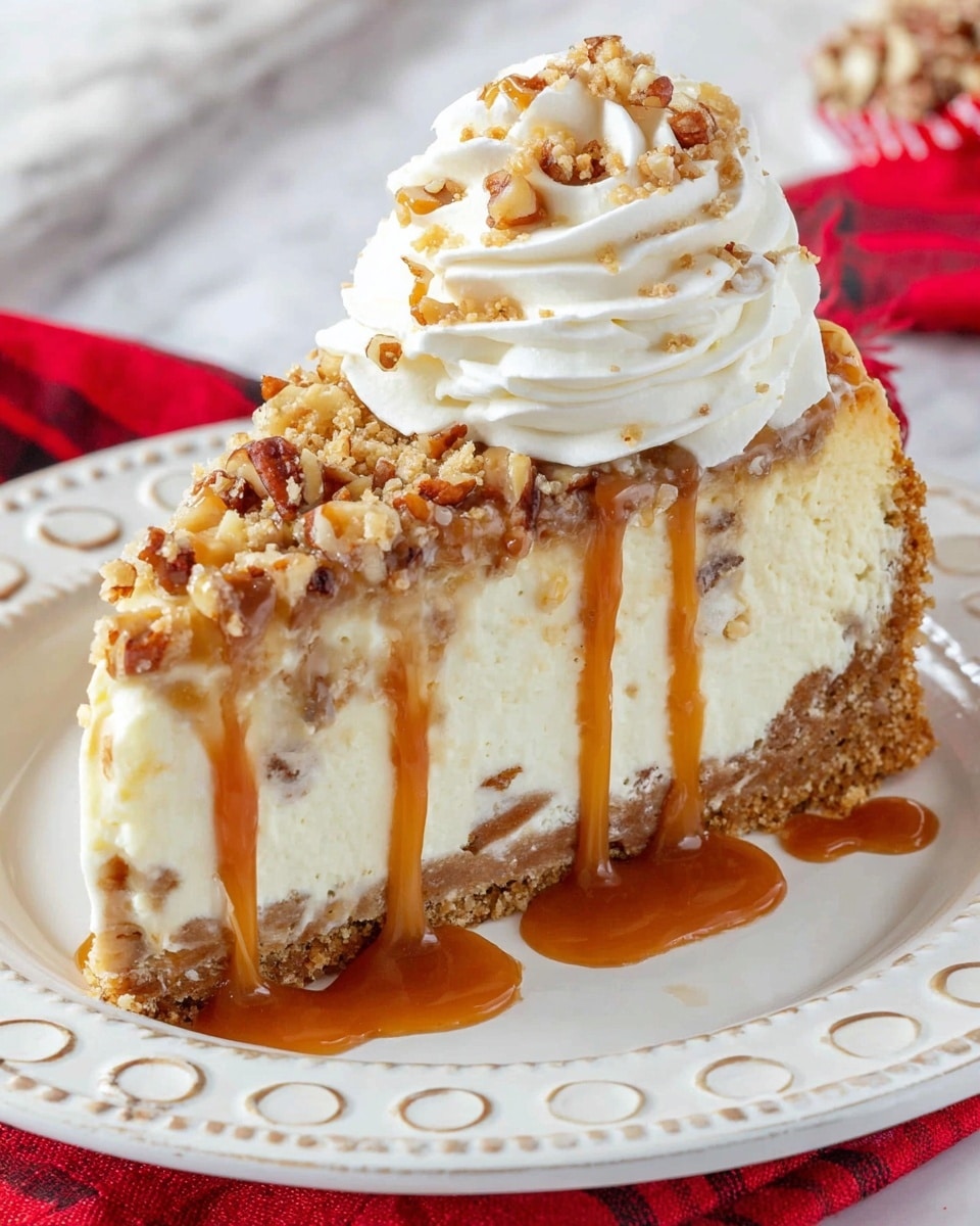 A slice of nut-filled cake with three main layers sits on a white marbled surface. The bottom layer is a thick, light brown crust that looks crumbly and firm. The middle layer is a dense cream-colored filling studded with many chopped brown nuts, adding texture throughout. On top, there is a tall, thick layer of smooth, white whipped cream. A golden caramel sauce drips slowly from a spoon held above the cake, spreading over the whipped cream and dripping down the sides. More nut pieces are scattered on and around the cake slice. Photo taken with an iphone --ar 4:5 --v 7