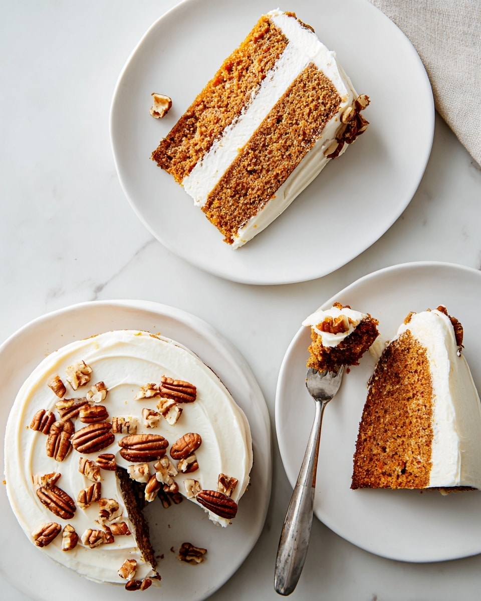 There are three slices of carrot cake on white round plates placed on a white marbled surface. Each cake slice has two thick layers of moist, brown-orange cake separated by a thick white cream layer. The top of the cake slices is covered with smooth white frosting and decorated with pieces of pecans scattered on top. One slice is partially eaten with a silver fork holding a piece of cake on the plate. The texture of the cake looks soft and dense, and the frosting is smooth and creamy. Photo taken with an iphone --ar 4:5 --v 7