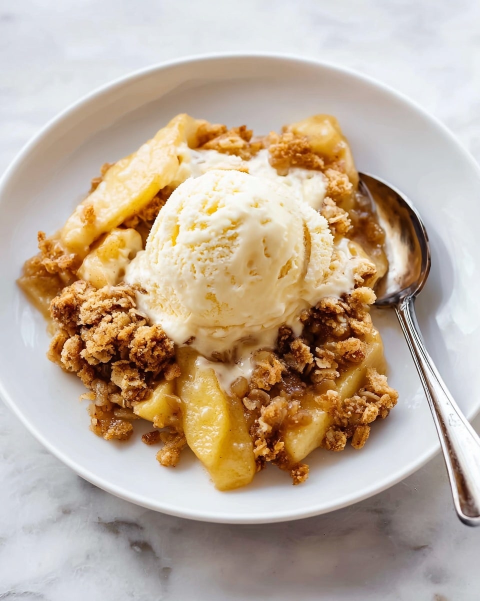 A white plate holds a serving of apple crisp topped with a large scoop of creamy vanilla ice cream. The apple crisp has a mix of soft, light yellow apple slices and crumbly, golden-brown oat and sugar topping with a rough texture. The ice cream is smooth and slightly melting over the crisp, adding a pale off-white layer on top. A silver spoon is placed partially under the crisp near the back edge of the plate. The whole scene is set on a white marbled surface. photo taken with an iphone --ar 4:5 --v 7