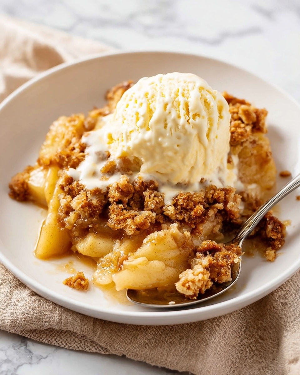 A white plate holds a serving of warm apple crumble topped with a scoop of creamy vanilla ice cream. The base layer is made of soft, cooked apple slices in light yellow color with hints of brown cinnamon sauce. Over the apples, there is a thick layer of golden, crumbly topping with crispy brown bits that add texture. The ice cream sits on top, smooth and off-white, slightly melting into the warm dessert below. A spoon rests on the right side of the plate, partially in the dish, with a small amount of crumble on it. The plate is set on a beige cloth with a white marbled background. Photo taken with an iphone --ar 4:5 --v 7