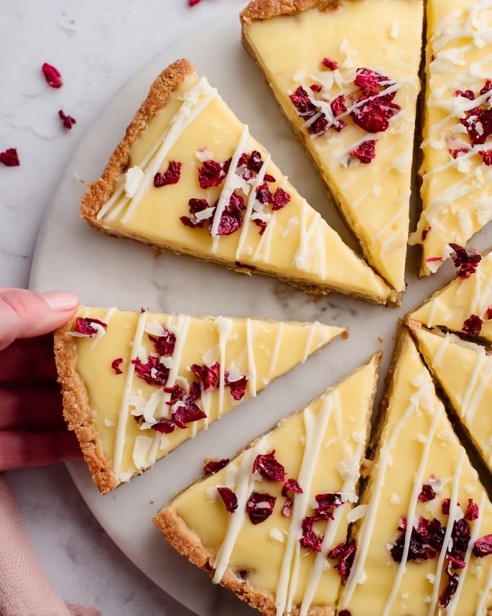 The image shows a white round tart sliced into several triangular pieces on a white marbled surface. The tart has a golden brown crust as the base layer, followed by a smooth, creamy yellow filling layer. On top, there are thin white drizzle lines evenly spread over the tart, along with scattered dry red fruit pieces. A woman's hand is holding one slice, lifting it slightly above the surface. Photo taken with an iphone --ar 4:5 --v 7