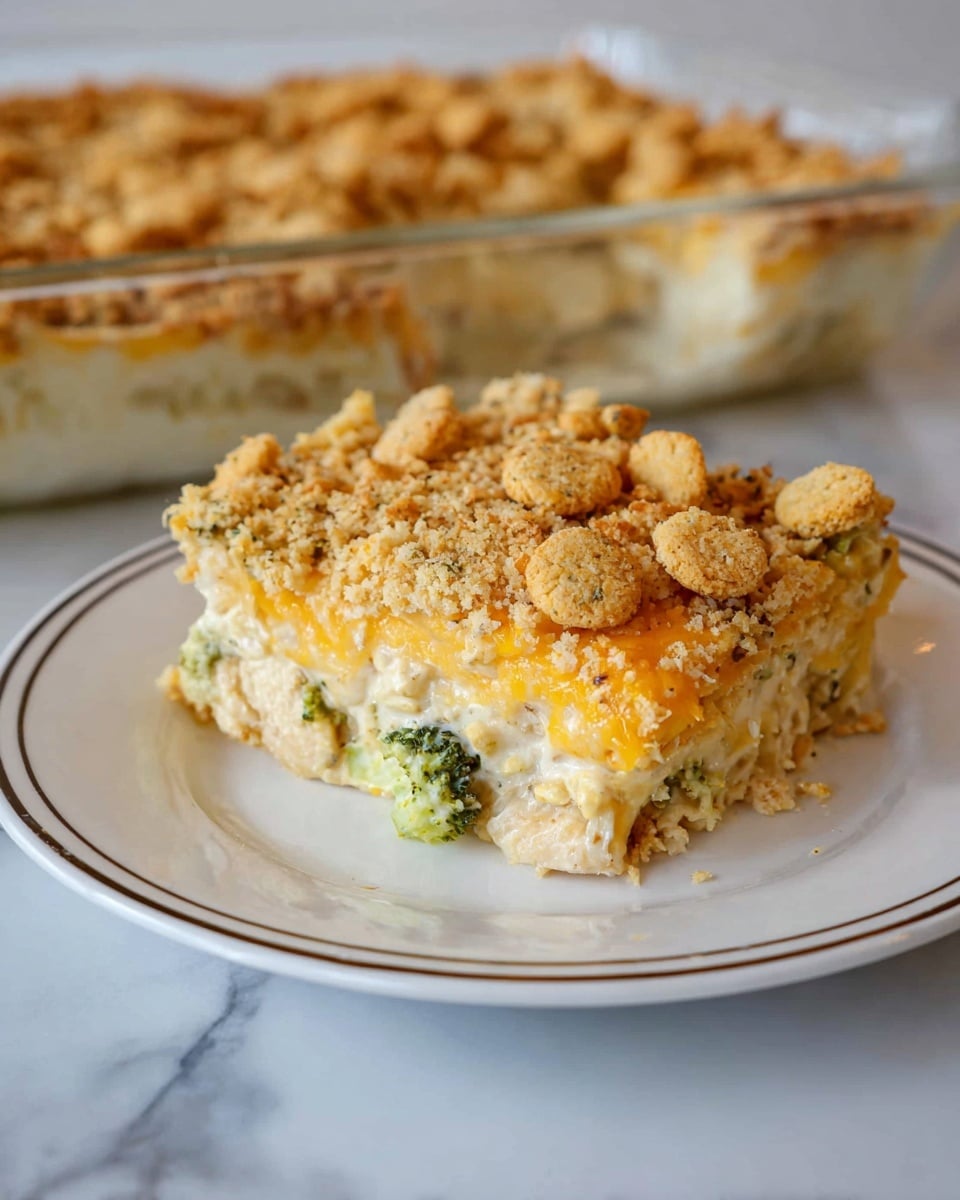 A slice of casserole with three clear layers is shown on a white plate with a simple design. The bottom layer is creamy and light yellow with small pieces of chicken mixed with bits of broccoli that add green color and texture. The middle layer is melted cheese, shiny and slightly orange. The top layer is a crumbly golden-brown crust made of crushed crackers, some of which are whole and round, giving a crunchy look. In the background, a glass baking dish filled with more of the casserole is visible, resting on a white marbled surface. photo taken with an iphone --ar 4:5 --v 7