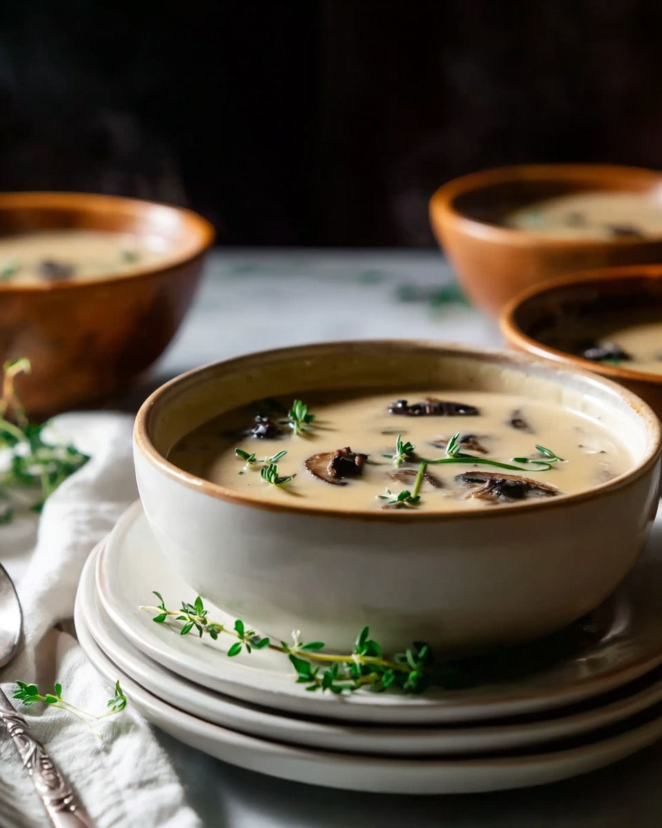 A warm bowl of creamy mushroom soup sits in a white bowl, layered with small pieces of dark brown mushrooms floating on the smooth light beige surface, garnished with fresh green thyme sprigs on top. The bowl rests on a stack of white plates, all placed on a white marbled surface. In the background, two more bowls hold similar soup, softly blurred to keep focus on the front bowl, and a white cloth napkin is partially visible beside it. The steam rising gently from the soup adds a fresh, warm touch. Photo taken with an iphone --ar 4:5 --v 7