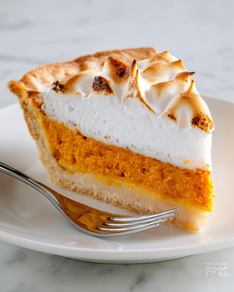 A single slice of pie is placed on a white plate with a shiny silver fork beside it. The pie has three visible layers: a pale, slightly crumbly crust at the base, a thick, bright orange filling in the middle with a textured surface, and a top layer of fluffy white meringue with light brown spots showing where it has been toasted. The pie slice is set on a white marbled surface. Photo taken with an iphone --ar 4:5 --v 7