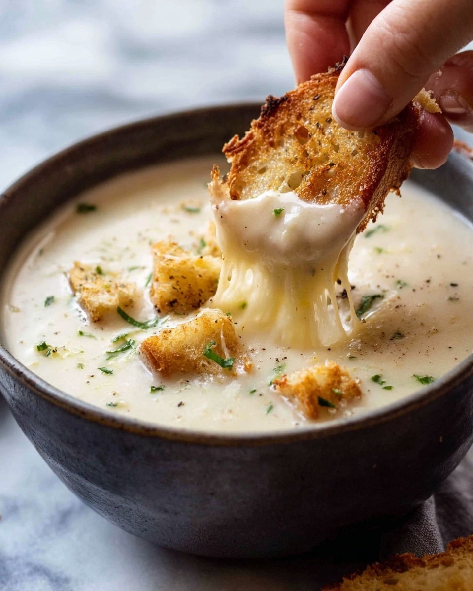 A close-up of a dark bowl filled with creamy white soup that has small green herb bits and light brown croutons floating on top. A woman's hand is dipping a piece of light brown toasted bread with melted cheese into the thick soup. The background surface is a white marbled texture. photo taken with an iphone --ar 4:5 --v 7