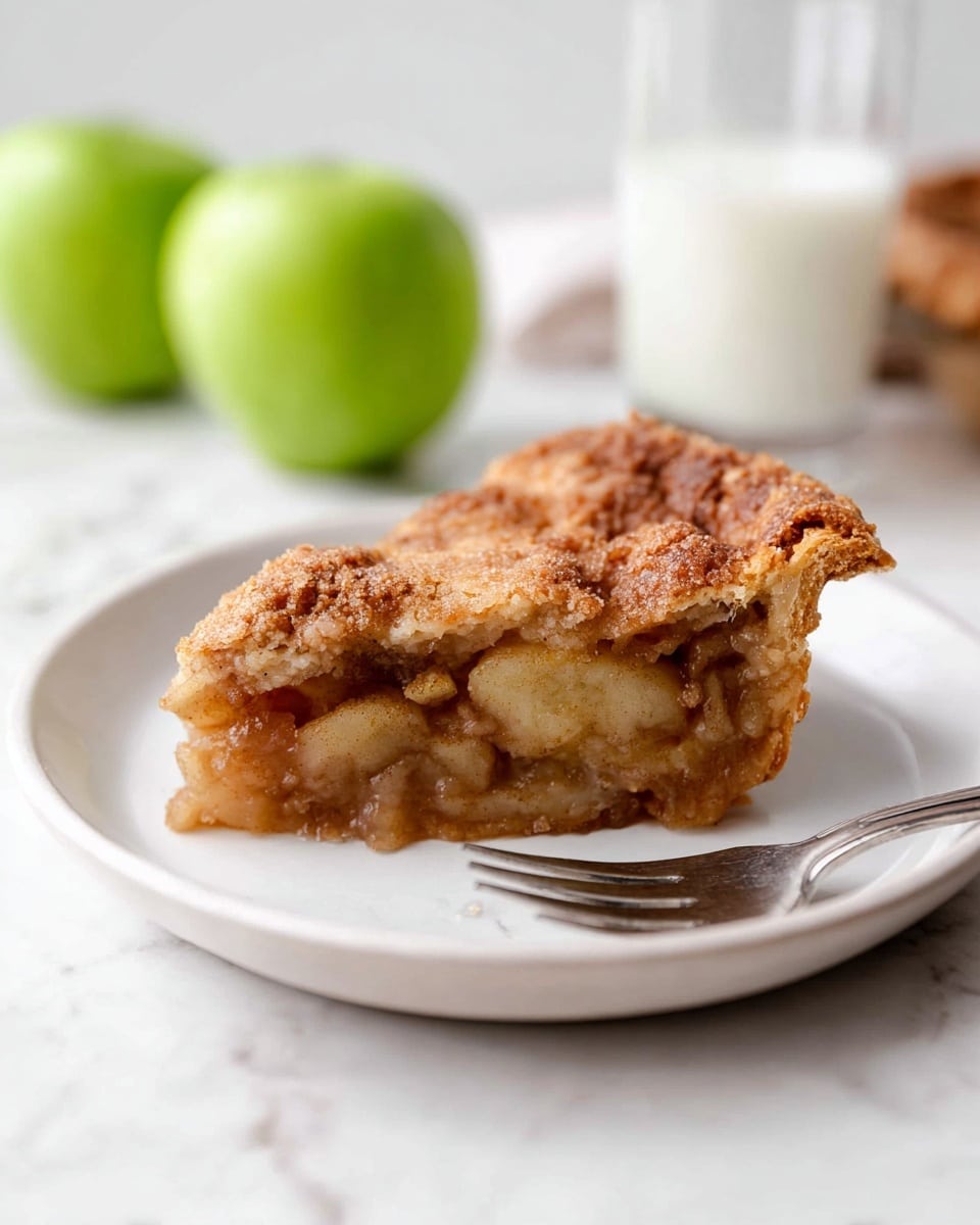 A slice of apple pie sits on a white plate with a simple silver fork next to it. The pie has one main layer made of soft, cooked apple pieces mixed with a light brown spiced filling, all encased in a golden brown, crumbly crust on top and around the edges. The crust looks slightly textured with a rough sprinkle of sugar or cinnamon. Behind the plate, there is a blurred glass of milk and two green apples on a white marbled surface. The overall viewing angle is close and focused on the pie slice. photo taken with an iphone --ar 4:5 --v 7