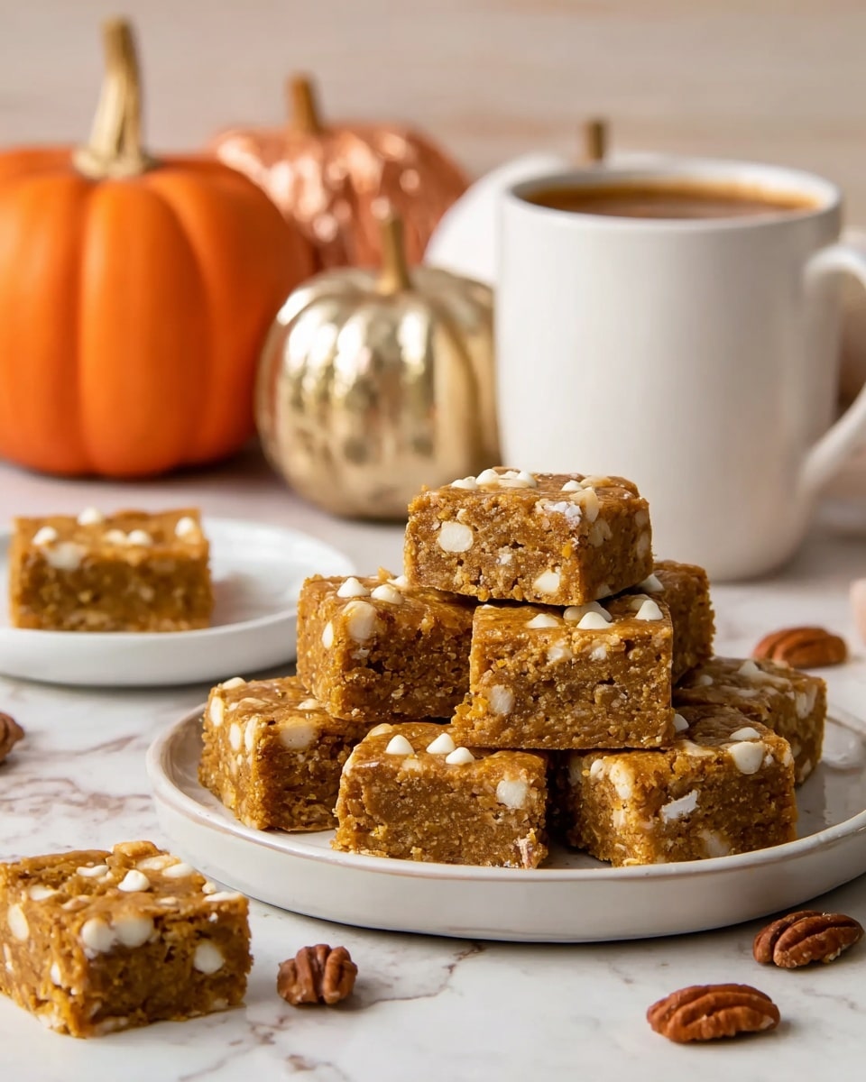 A white plate stacked with nine square pumpkin bars containing visible white chocolate chips and nut pieces, arranged in a pyramid shape with one bar taken away and placed on a white plate in the background, the texture of the bars looks soft and dense with a golden brown color, around the plate are scattered pecans, behind the plate is a white mug filled with a brown drink and three decorative pumpkins in orange, white, and metallic gold, all resting on a white marbled surface with soft warm lighting, photo taken with an iphone --ar 4:5 --v 7