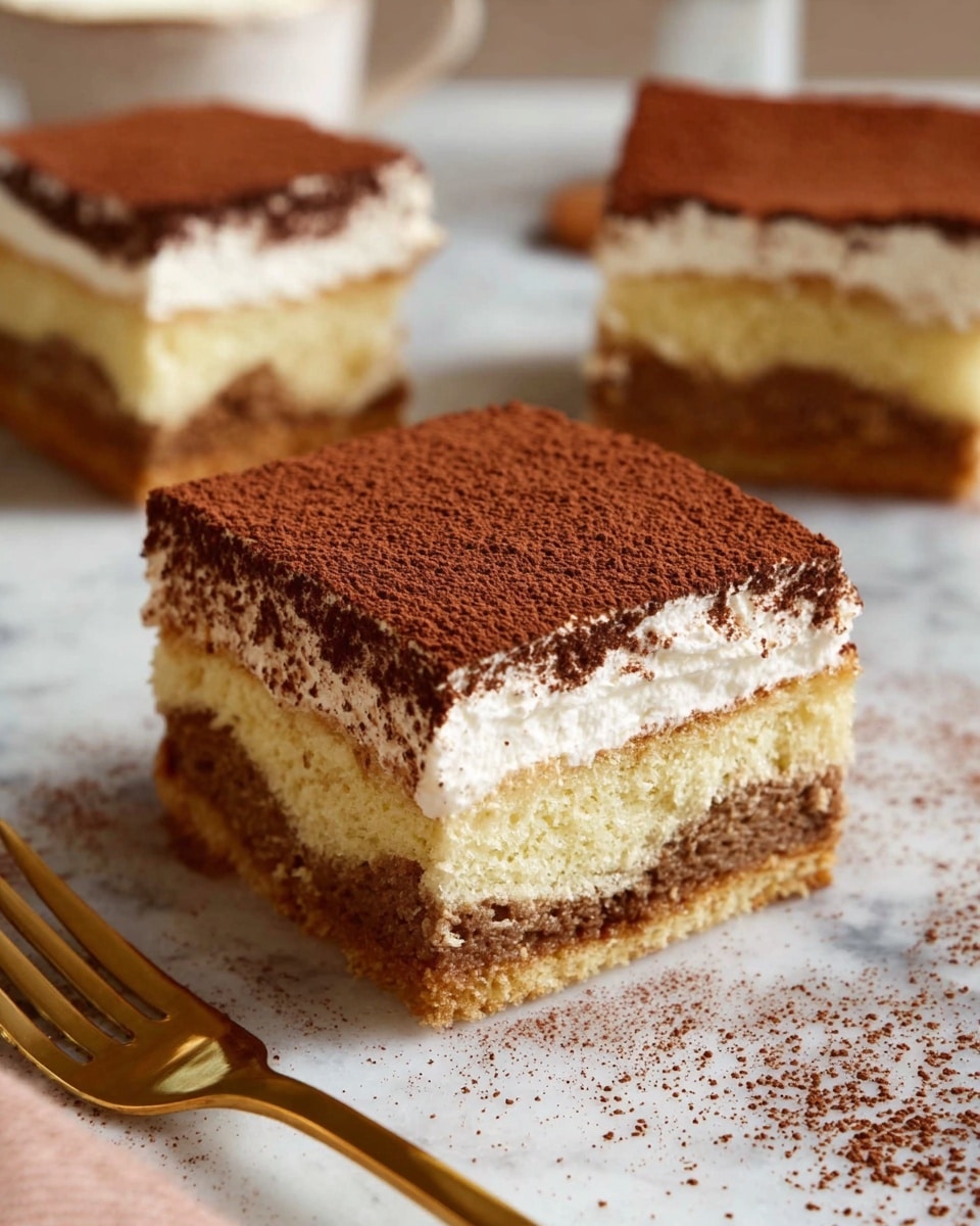 A close-up of a square slice of cake showing three layers: the bottom layer is a soft, light brown and yellow marbled cake with a slightly rough texture, the middle layer is a smooth white cream, and the top layer is a thick dusting of fine cocoa powder in dark brown. More slices are visible in the background on the same light surface. A gold fork lies near the front left corner of the image, and the whole scene sits on a white marbled table. Photo taken with an iphone --ar 4:5 --v 7
