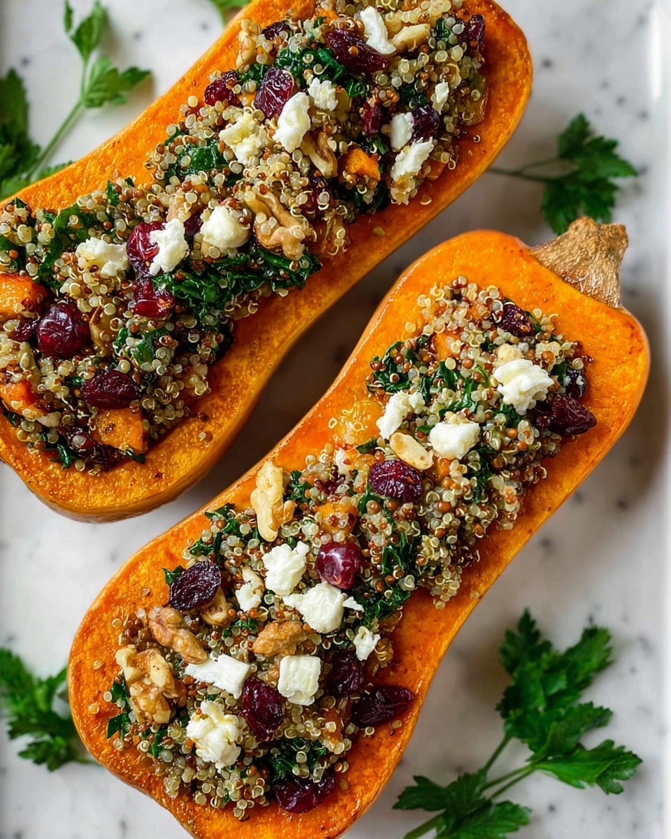 Two halves of roasted butternut squash sit on a white marbled surface, each filled with a colorful mixture of cooked quinoa, green lentils, small chopped spinach leaves, bright red dried cranberries, and white cheese crumbles scattered throughout. The orange flesh of the squash is smooth and soft, creating a shallow bowl for the mixed filling. Small pieces of chopped nuts add a textured crunch to the top. Sprigs of fresh green parsley leaves are placed around the squash on the clean white marbled background, giving a fresh touch. photo taken with an iphone --ar 4:5 --v 7