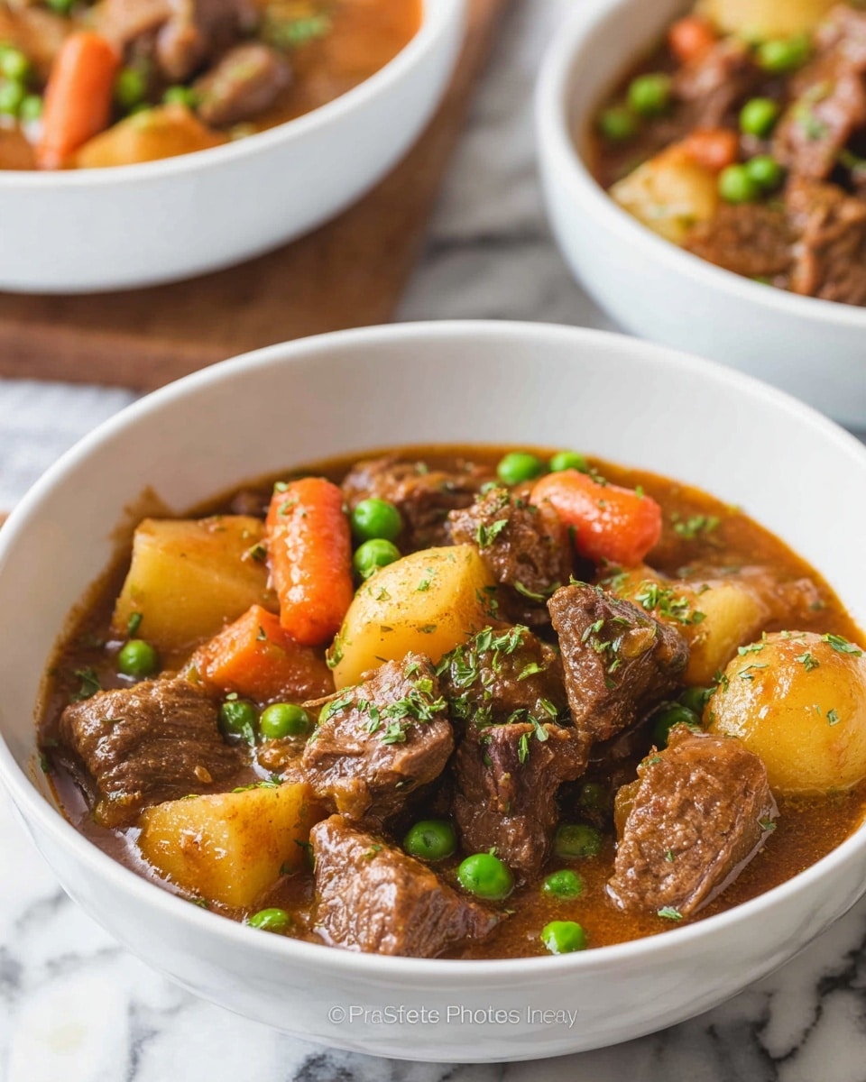 The dish shows a white bowl full of hearty stew, with layers of chunky, tender brown meat pieces, bright orange carrot slices, golden potato chunks, and small green peas all mixed in a thick brown sauce, with some small green herb bits sprinkled on top; the bowl sits on a white marbled surface, and in the background, there are more white bowls filled with the same stew slightly out of focus, adding depth to the scene. photo taken with an iphone --ar 4:5 --v 7