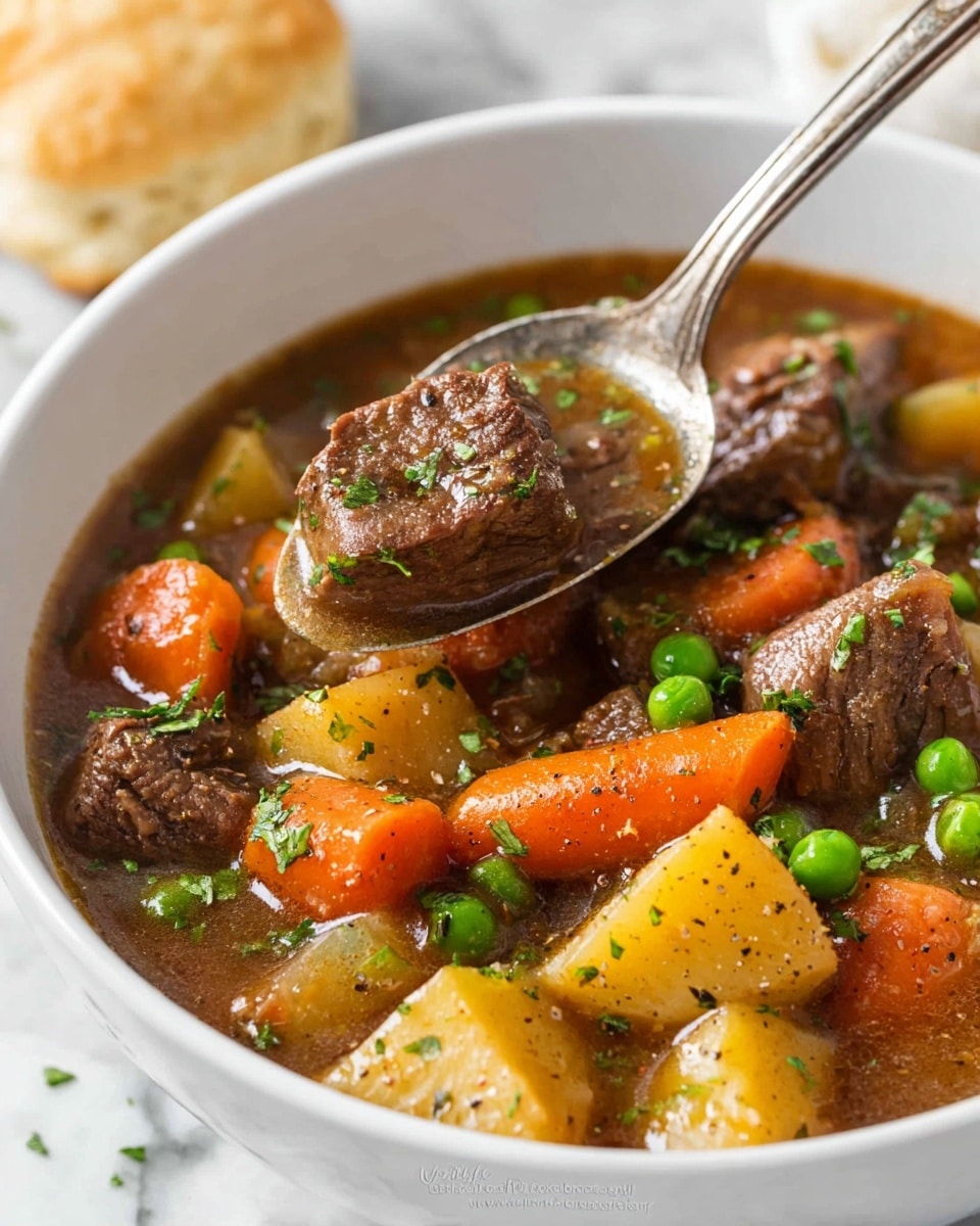 A white bowl filled with hearty beef stew showing several layers: large chunks of brown beef, thick slices of bright orange carrots, and chunks of yellow potatoes, all mixed with small green peas. The stew is thick with a brown gravy that glistens on the meat and vegetables. A silver spoon dips into the bowl holding a cube of beef covered in gravy, with sprinkles of fresh green herbs and black pepper on top. The dish sits on a white marbled surface with a biscuit blurred in the background. photo taken with an iphone --ar 4:5 --v 7