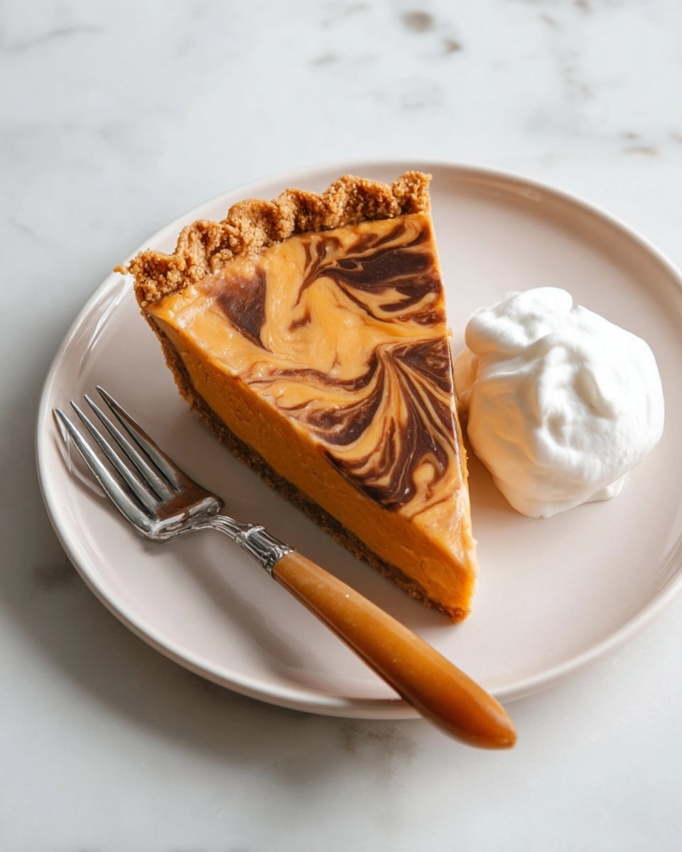 A single slice of pie with a crumbly light brown crust sits on a white plate. The pie filling is smooth and orange with dark brown swirling patterns on the top, creating a marbled effect. Next to the pie slice is a dollop of white whipped cream, softly textured with gentle peaks. A metal fork with a wooden handle rests on the plate, positioned with its tines facing the whipped cream. The plate is set on a white marbled surface. photo taken with an iphone --ar 4:5 --v 7