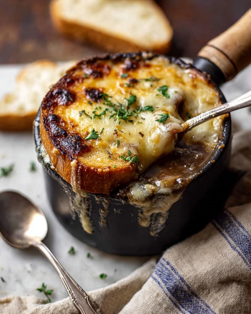 A small black pot with a wooden handle holds a layered dish on a white marbled background covered partially by a beige cloth with blue stripes. The top layer is a thick, golden-brown melted cheese crust with some darker toasted spots, garnished with fresh green herbs. Below the cheese, a piece of toasted bread with a golden crust is partially lifted by a spoon, revealing an inner layer of dark brown broth. A silver spoon lies on the cloth to the left side of the pot, and a small piece of sliced bread is blurred in the background. The scene is warmly lit, highlighting the textures and colors of the food and cookware. photo taken with an iphone --ar 4:5 --v 7