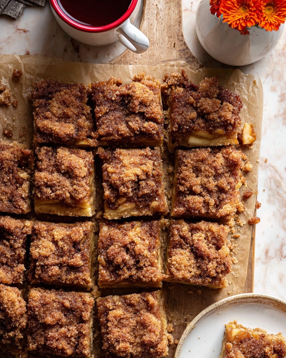 The image shows a tray of cinnamon crumb bars, each cut into square pieces arranged closely together, revealing two main layers: a light golden baked crust at the bottom with visible pieces likely apple or similar fruit, and a thick, textured top layer covered with dark brown, crumbly cinnamon sugar that looks crispy and sugary. The bars are placed on parchment paper, with some crumbs scattered around. There is a white cup with a red rim on the top right filled with orange flowers, and a small white plate holding a piece of the bar on the bottom right, all set on a white marbled surface. photo taken with an iphone --ar 4:5 --v 7