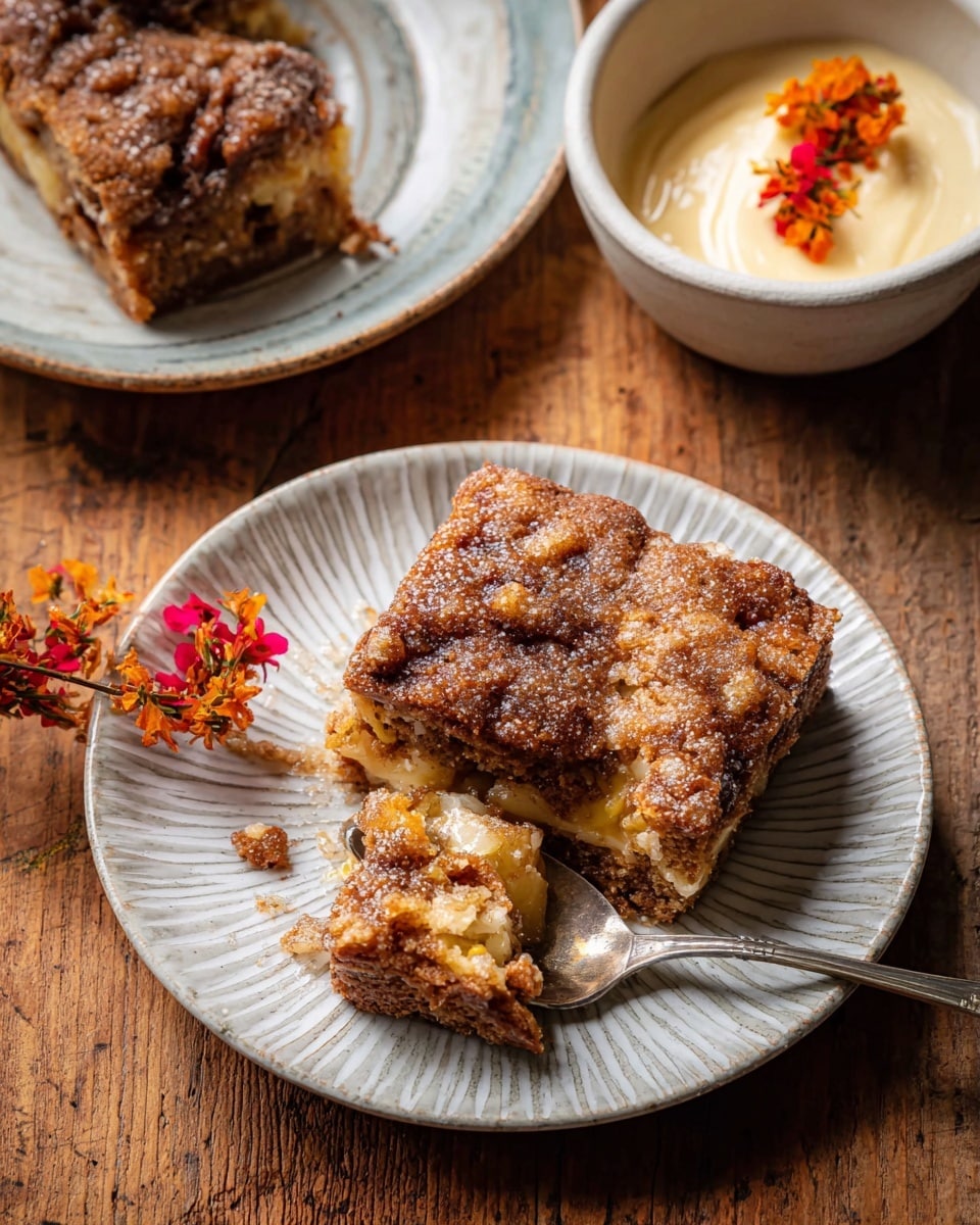 Two thick square pieces of brown crumbly cake with a sugary, slightly melted topping sit on a white plate with ridges. One piece is broken, showing a soft, moist inside with bits of light yellow fruit or nuts. A silver spoon with some cake rests on the plate next to the pieces. To the right, there is a white bowl with creamy, light brown butter and small orange and red flowers on top. The plate and bowl are placed on a wooden surface. Photo taken with an iphone --ar 4:5 --v 7