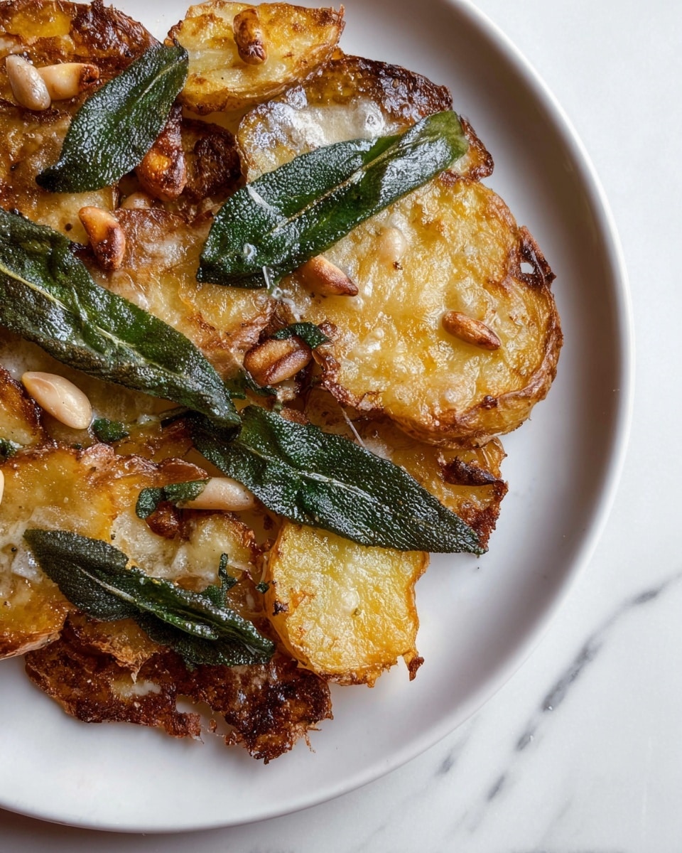 The image shows crispy smashed golden-brown potatoes with rough, uneven edges layered on a white plate. Scattered on top are several deep green, glossy fried sage leaves with a slightly wrinkled texture. Light brown toasted pine nuts are sprinkled across the potatoes and sage leaves, adding small round shapes with a matte finish. There is a light foam or butter sauce bubbling gently over the top, giving a shiny, moist contrast to the crispy potatoes and leaves. The plate sits on a white marbled surface with subtle gray veins adding soft texture. Photo taken with an iphone --ar 4:5 --v 7