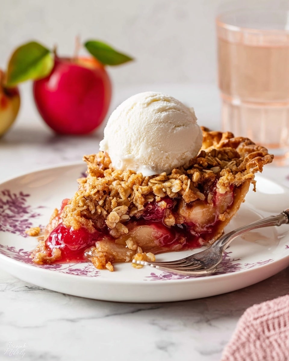 A slice of apple cherry pie with a golden brown crust forms the base layer, filled with soft light brown apple slices and bright red cherries as the middle layer. On top is a crumbly, rough textured oat topping, golden and slightly darker brown, covering most of the fruit filling. A smooth, white scoop of vanilla ice cream sits on the very top, slightly melting over the crumbly topping. The slice is placed on a white plate with a subtle purple floral border, resting on a white marbled surface, with a silver fork beside the plate. A glass of light pink liquid and a red apple with green leaves sit blurred in the background. Photo taken with an iphone --ar 4:5 --v 7