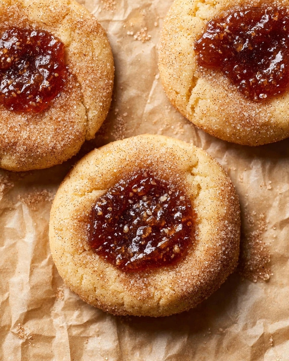 The image shows three round cinnamon sugar cookies arranged side by side on crinkled parchment paper with a light tan color, adding texture to the surface. Each cookie has a golden brown edge with a soft, slightly puffed center that holds a dollop of dark brown, sticky jam. The jam is topped with small grains of coarse sugar, giving a sparkling effect. The cookies' surfaces show a mix of granulated cinnamon sugar sprinkled evenly all over, creating a slightly rough texture. Photo taken with an iphone --ar 4:5 --v 7