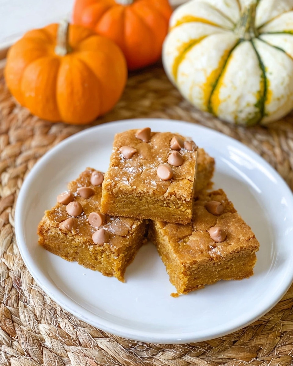 Three square pumpkin bars with light brown chips on top sit on a white plate. The bars are light orange-brown with a soft texture and are placed close together in the middle of the plate. The plate rests on a woven tan mat with three small pumpkins nearby—one orange, one white with orange stripes, and one green with yellow stripes. The scene is bright and warm. photo taken with an iphone --ar 4:5 --v 7