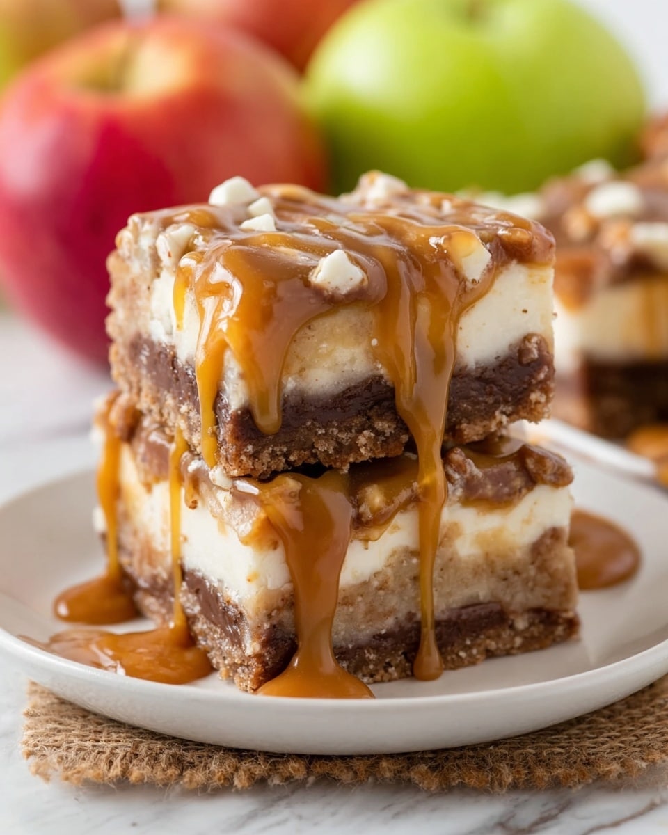 A close-up view of three stacked dessert bars on a white plate with a piece of burlap underneath them. The bars have three layers: the bottom layer is light brown and crumbly, the middle layer is creamy white with a smooth texture, and the top layer is dark brown with small white bits in it, all drizzled generously with thick golden caramel sauce that drips down the sides and onto the plate. In the background, there are blurred green and red apples sitting on a white marbled surface. photo taken with an iphone --ar 4:5 --v 7