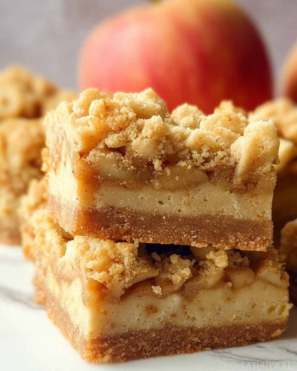 The image shows a close-up of a crumbly dessert bar with three distinct layers. The bottom layer is a firm, light brown crust with a slightly grainy texture. The middle layer is a filling with a softer, spongy texture and a beige color with hints of caramel or cinnamon swirls. The top layer is a chunky, crumbly topping with a pale golden color and small pieces of apple visible within it. In the background, a pinkish-red apple is softly blurred. The dessert bars are arranged stacked on a white marbled surface. photo taken with an iphone --ar 4:5 --v 7