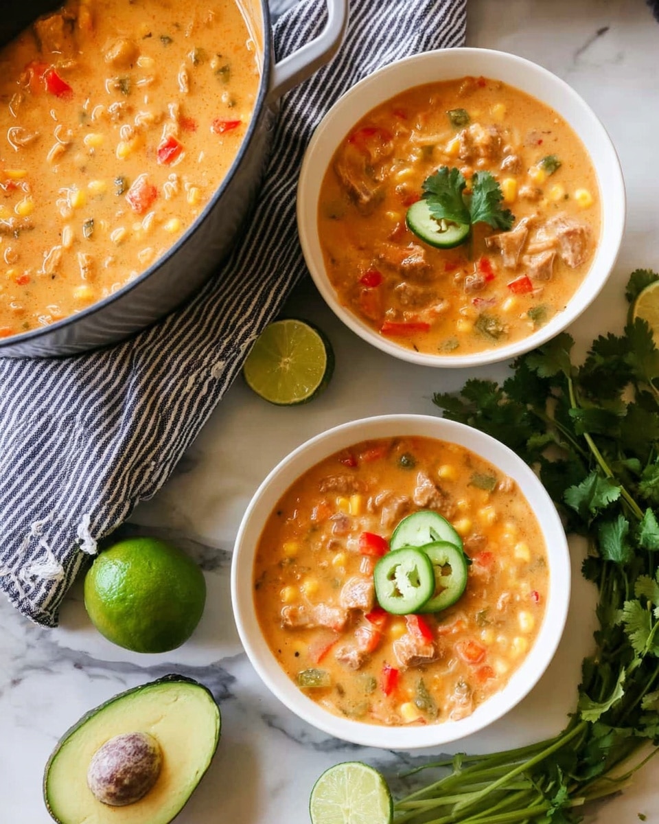 The image shows two white bowls filled with a thick, creamy soup that has a light orange color mixed with visible chunks of red, yellow, and green vegetables and small pieces of meat. The soup has a rich texture with bits of corn and peppers throughout. To the left, a large pot with the same soup inside is placed on a striped navy blue and white cloth. On the white marbled surface around the bowls, there are fresh green vegetables, a halved lime, some cilantro leaves, and half an avocado. The composition is bright and fresh, focusing on the colorful, hearty soup. Photo taken with an iphone --ar 4:5 --v 7