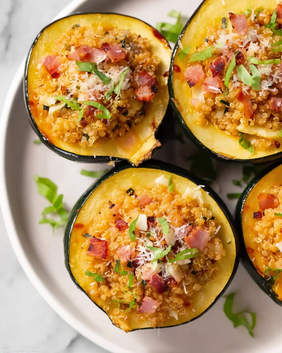 The image shows four halves of green acorn squash filled with a textured mix of cooked rice, small brown and orange chunks, likely bacon or a similar ingredient, and small bits of green herbs scattered on top. Each squash half has a bright yellow-green flesh with a smooth and shiny surface. The rice mixture inside appears moist and slightly creamy with hints of orange seasoning. Delicate strands of shredded white cheese are sprinkled over the rice filling, giving a light contrast to the warm tones of the dish. Some fresh green herb slices rest softly over the cheese, adding a fresh touch. The acorn squash halves sit on a dark brown wooden surface, with the light and shadows suggesting a cozy, warm atmosphere. photo taken with an iphone --ar 4:5 --v 7