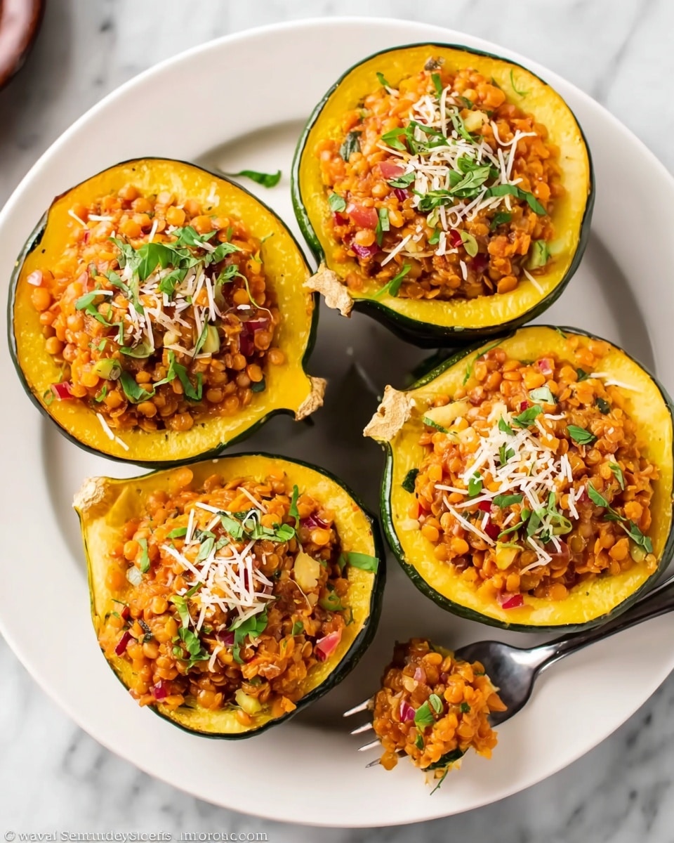 The image shows four halves of yellow acorn squash filled with a textured mix of orange lentils and small diced vegetables in shades of red and green. Each squash half has a smooth yellow inner layer and a darker green outer edge, with the filling piled slightly above the squash edges. The orange lentil mixture is topped with small green herb pieces and a sprinkle of white shredded cheese. The squash halves are arranged on a white plate placed on a white marbled surface, with a silver fork holding a small bite of the filling in the lower left corner of the image. Photo taken with an iphone --ar 4:5 --v 7