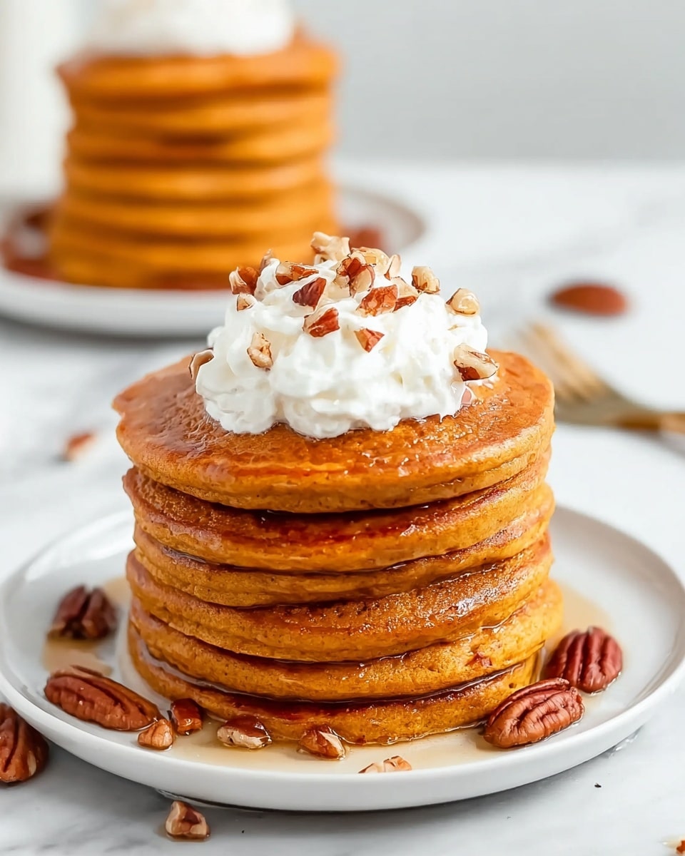 There is a stack of five thick, round orange-brown pancakes on a white plate. The pancakes have a slightly bumpy texture with syrup drizzled on the sides making them shiny. On top of the stack is a large dollop of white whipped cream sprinkled with a few small pieces of brown pecans. Around the base of the stack on the plate are a few whole pecans. In the background, there is another stack of similar pancakes that is slightly out of focus. The whole scene rests on a white marbled surface. photo taken with an iphone --ar 4:5 --v 7