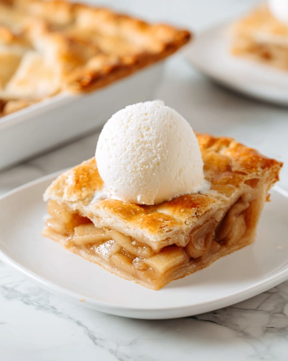 A square slice of golden-brown apple pie sits on a white plate, showing two layers of flaky crust with a soft, light brown apple filling between them. On top of the pie slice, there is a smooth, round scoop of white vanilla ice cream. The plate rests on a white marbled surface. In the background, a dish with more pie is slightly blurred. Photo taken with an iphone --ar 4:5 --v 7
