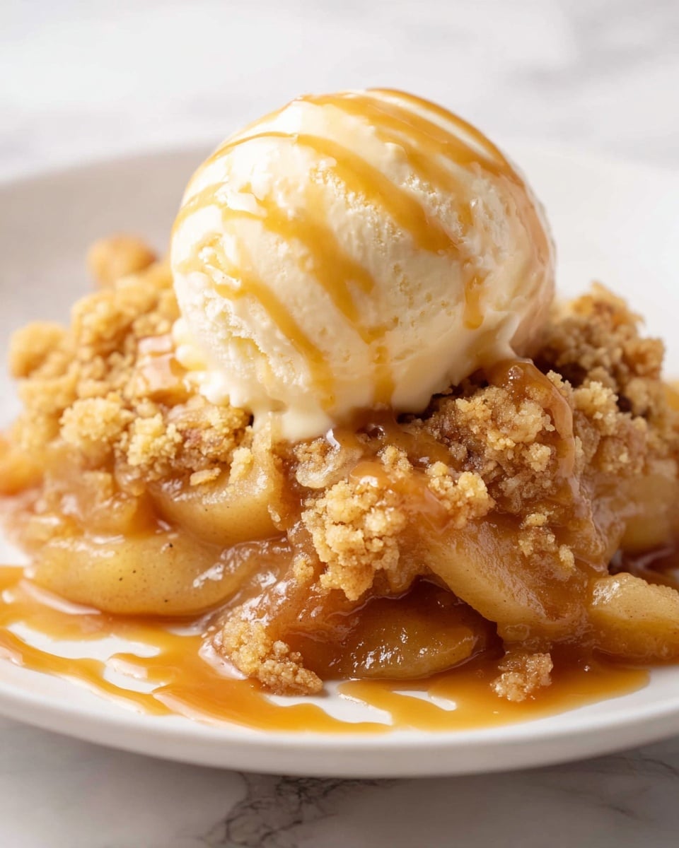 The dish shows a scoop of light creamy beige ice cream placed on top of a warm apple crumble. The apple crumble has two layers: a bottom layer of glossy, soft apple slices with a light brown syrupy texture, and a top layer of golden-brown crumbly topping with a rough texture. The ice cream scoop is smooth and round, with caramel sauce drizzled over it, creating a shiny effect. All of this is served on a white plate over a white marbled surface. Photo taken with an iphone --ar 4:5 --v 7