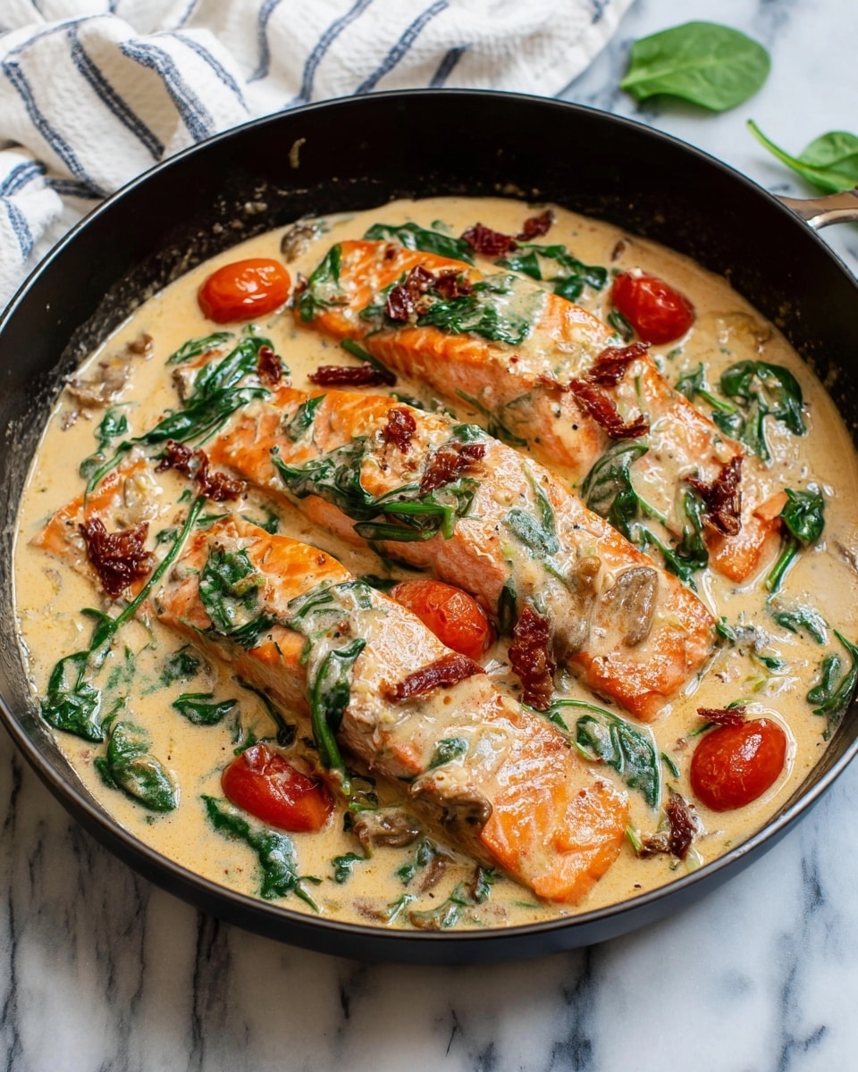 The image shows three cooked salmon fillets in a white pan, covered in a creamy light beige sauce. The sauce has visible dark seasoning specks and is mixed with fresh green spinach leaves and small bright red cherry tomatoes. The salmon fillets have a warm orange-pink color with a slightly crisp surface. The spinach leaves and tomatoes sit evenly on and around the salmon, adding color contrast. Photo taken with an iphone --ar 4:5 --v 7