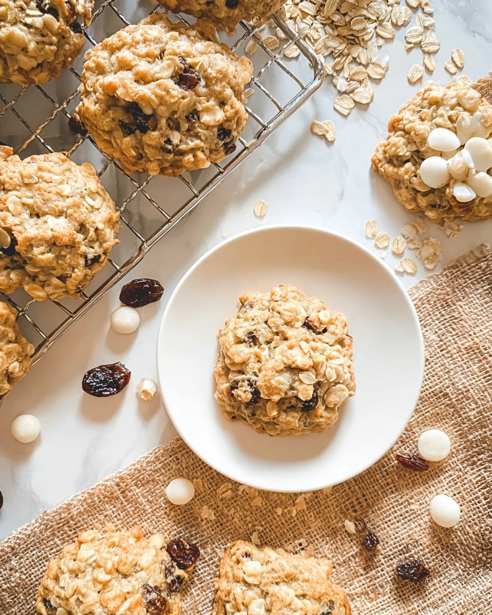 The image shows several oatmeal raisin cookies with a rough, textured surface and golden brown color. Some cookies are resting on a silver cooling rack while one cookie is placed on a simple white plate in the center. The cookies have visible oats and dark raisins scattered throughout. Around the scene, there are loose oats, raisins, and round white beads on a tan burlap fabric. The whole setting is on a white marbled texture surface. photo taken with an iphone --ar 4:5 --v 7