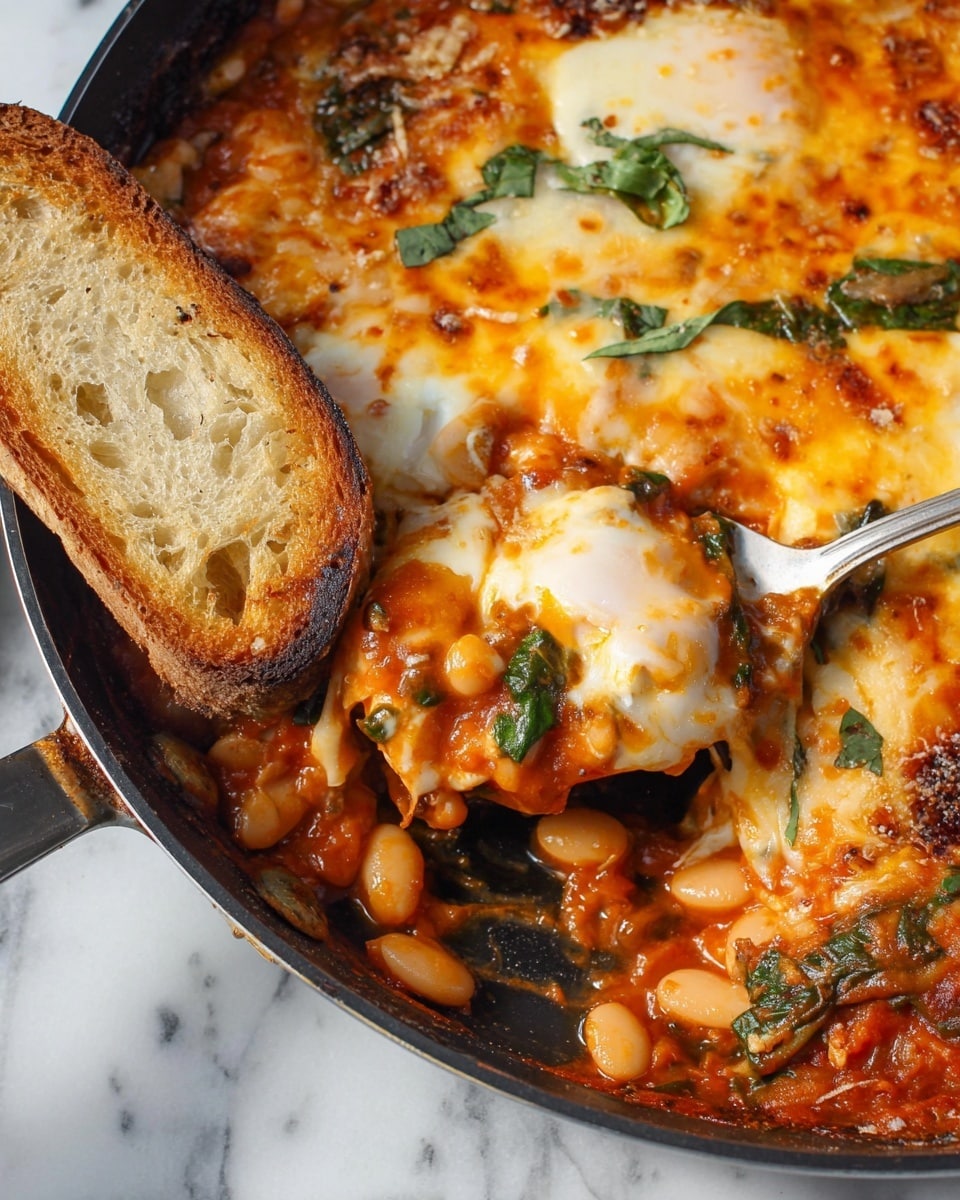 The image shows a close-up of a baked dish in a black pan with three visible layers. The bottom layer is a chunky red tomato sauce with green leafy herbs mixed in. The middle layer has white beans scattered evenly, adding a soft, round texture. The top layer is melted cheese with a golden-brown browned finish, appearing bubbly and stretchy in some parts. A metal spoon scoops a portion from the pan, lifting the layers to show the layers stacking together. On the side, a slice of light brown toasted bread rests on the pan's edge. The scene is set on a white marbled surface. photo taken with an iphone --ar 4:5 --v 7