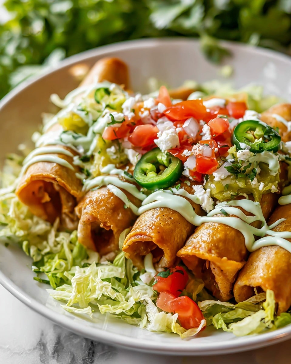 The dish shows a white plate filled with four golden brown rolled tacos placed on a bed of chopped green lettuce. The tacos are topped with a drizzle of pale green sauce and white sour cream sauce, with slices of fresh green jalapeño peppers and small white cheese crumbles scattered on top. There is diced red tomato mixed with chopped onions and herbs providing a fresh, colorful garnish. The plate sits on a white marbled surface with blurred green leaves in the background. Photo taken with an iphone --ar 4:5 --v 7