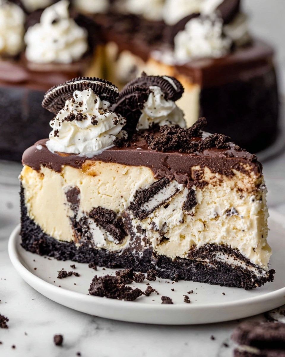 A close-up slice of a three-layer cookies and cream cheesecake on a white plate. The bottom layer is a dark chocolate cookie crust with rough edges. The middle layer is a thick, creamy white cheesecake mixed with chunks of dark chocolate cookies. The top layer is smooth, dark chocolate ganache with a shiny finish. On top, there are dollops of white whipped cream sprinkled with crushed cookie pieces and decorated with small cookie chunks. The scene is set on a white marbled surface with some broken cookies scattered around. Photo taken with an iphone --ar 4:5 --v 7
