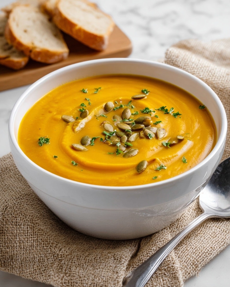 A white bowl filled with smooth, thick orange pumpkin soup. The soup has a swirl texture on the surface, topped with small green herbs and a scattering of light brown pumpkin seeds. The bowl is on top of a beige woven fabric, with a silver spoon on the right side. In the background, there is a wooden board holding three pieces of sliced bread, all placed on a white marbled surface. photo taken with an iphone --ar 4:5 --v 7