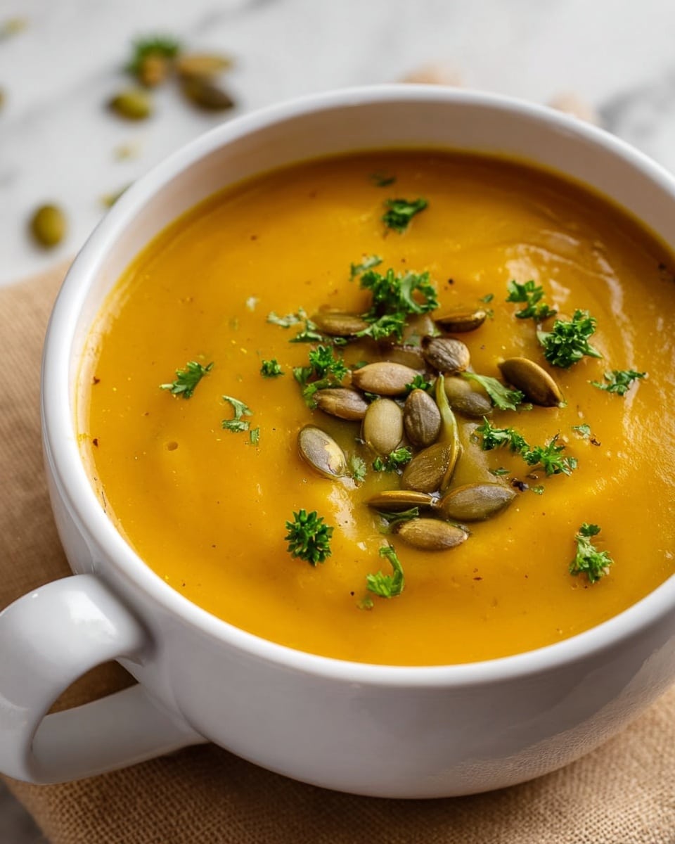 The image shows a close-up of a thick, smooth pumpkin soup with a bright orange color inside a white bowl with a handle. On top, there are scattered toasted pumpkin seeds with light brown and green shades, and small green parsley pieces sprinkled evenly around. The soup surface has gentle swirls and a shiny texture that reflects light softly. The white bowl sits on a beige cloth, and the background is a white marbled surface. photo taken with an iphone --ar 4:5 --v 7