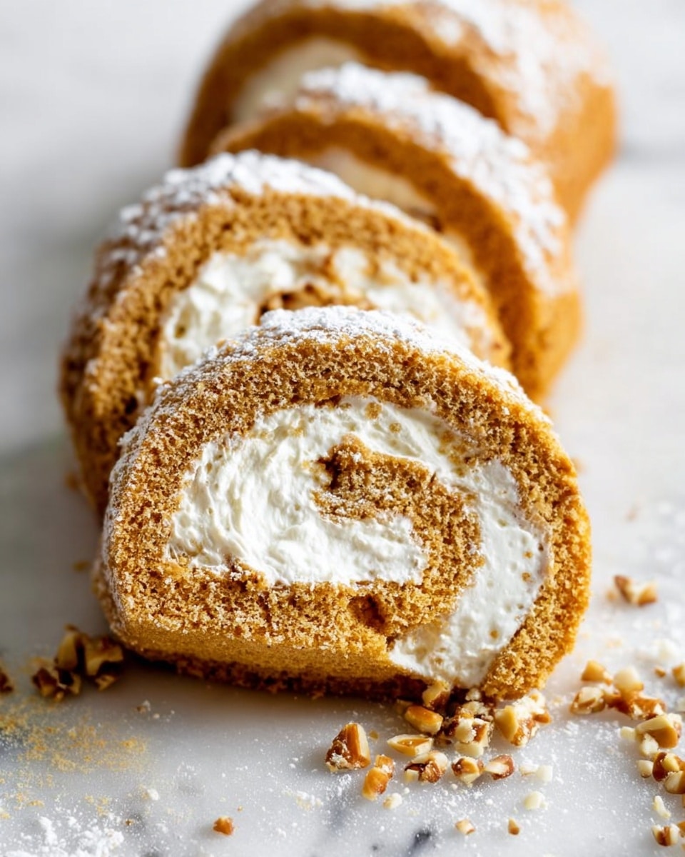 The image shows a close-up of four round slices of a rolled cake with two layers: a soft, light brown outer cake layer with a slightly rough texture, and a creamy white filling thickly spread in the inner spiral. The rolls are lined up vertically on a white marbled surface, dusted lightly with powdered sugar on top. Small broken nut pieces are scattered near the bottom slice, adding a crunchy contrast to the soft cake and cream. Photo taken with an iphone --ar 4:5 --v 7