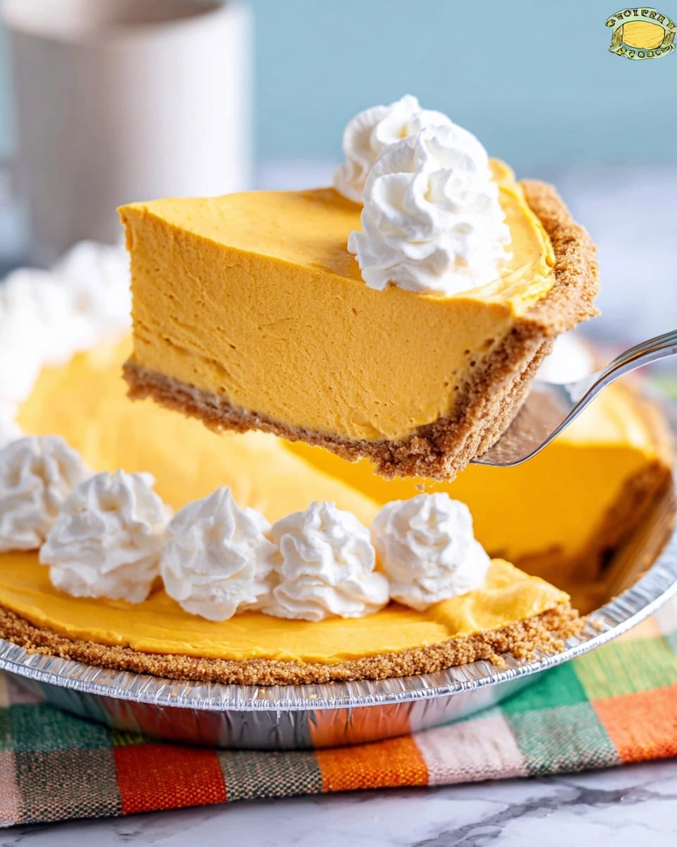 A pie with a golden yellow smooth filling sits on a white marbled surface. The pie has a crumbly light brown crust around the bottom and edges. On top of the pie, a ring of white whipped cream is carefully placed, with large swirls evenly spaced around the edge. The pie rests on a multicolored cloth with red, orange, green, and white squares. In the background, part of a white object with green writing is visible. photo taken with an iphone --ar 4:5 --v 7