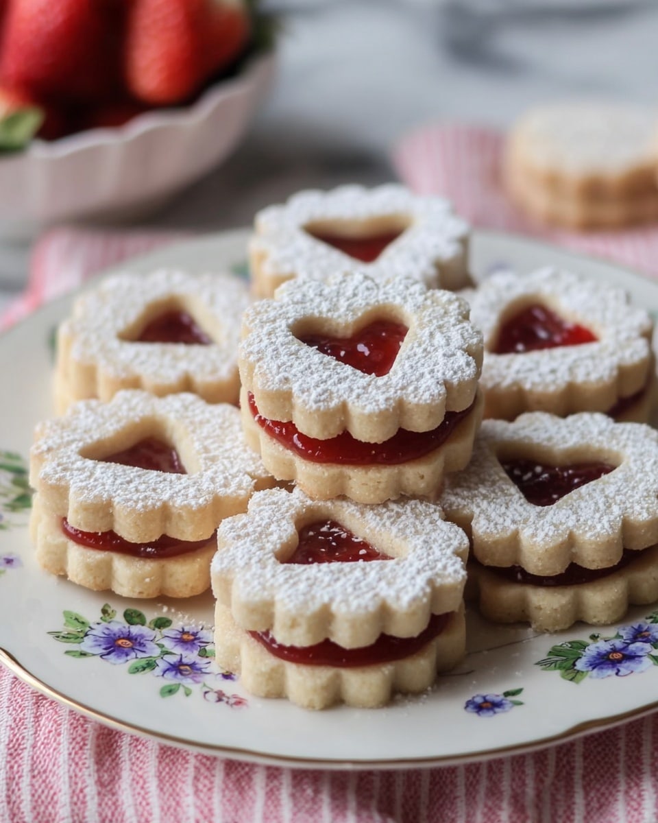 A white plate with delicate blue and purple flower designs holds nine round sandwich cookies, each with two light beige layers. The top layer is scalloped with a heart-shaped cutout in the center, revealing a layer of red jam between the cookie layers. The cookies are dusted generously with white powdered sugar, giving them a soft, powdery look. The plate rests on a pink and white striped cloth, and in the blurred background, a white bowl filled with red strawberries is partially visible. The surface under everything is a white marbled texture. photo taken with an iphone --ar 4:5 --v 7
