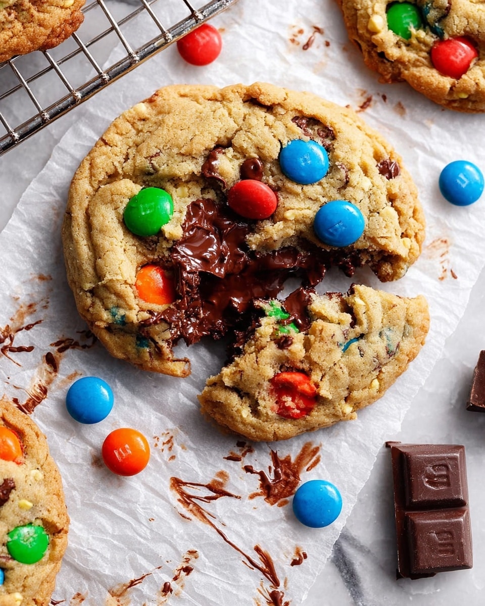The image shows a close-up of a large cookie with a broken piece, revealing a gooey layer of melted dark brown chocolate inside. The cookie dough is light golden brown with a rough, chunky texture, studded with colorful candy-coated chocolate pieces in red, blue, green, and orange scattered on top and embedded inside. The cookie sits on lightly crumpled white parchment paper with smudges of melted chocolate. Around the cookie are whole candy-coated chocolates and a small piece of dark chocolate block. The background features a white marbled surface and a metal cooling rack partially visible at the edge. photo taken with an iphone --ar 4:5 --v 7