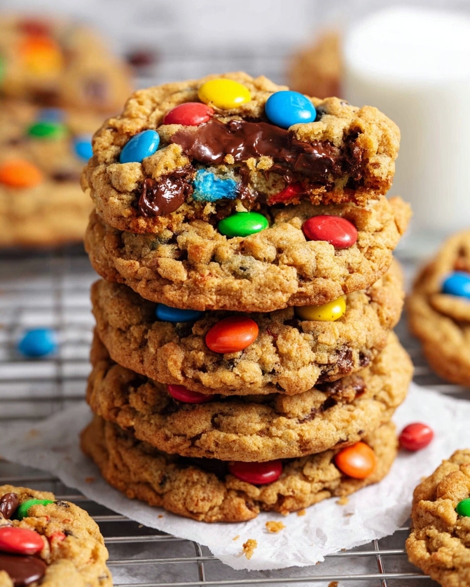 A stack of six thick, golden brown cookies with a rough, crumbly texture that shows bits of melted chocolate chunks and colorful candy-coated chocolates in red, blue, green, yellow, and orange embedded throughout. The top cookie has a visible melted chocolate piece in the middle with several colorful candies scattered on top and around the stack. The cookies are on a sheet of white parchment paper over a metal cooling rack, with some loose colorful candies and cookie crumbs scattered nearby. The background features a white marbled surface and a blurred glass of milk. photo taken with an iphone --ar 4:5 --v 7