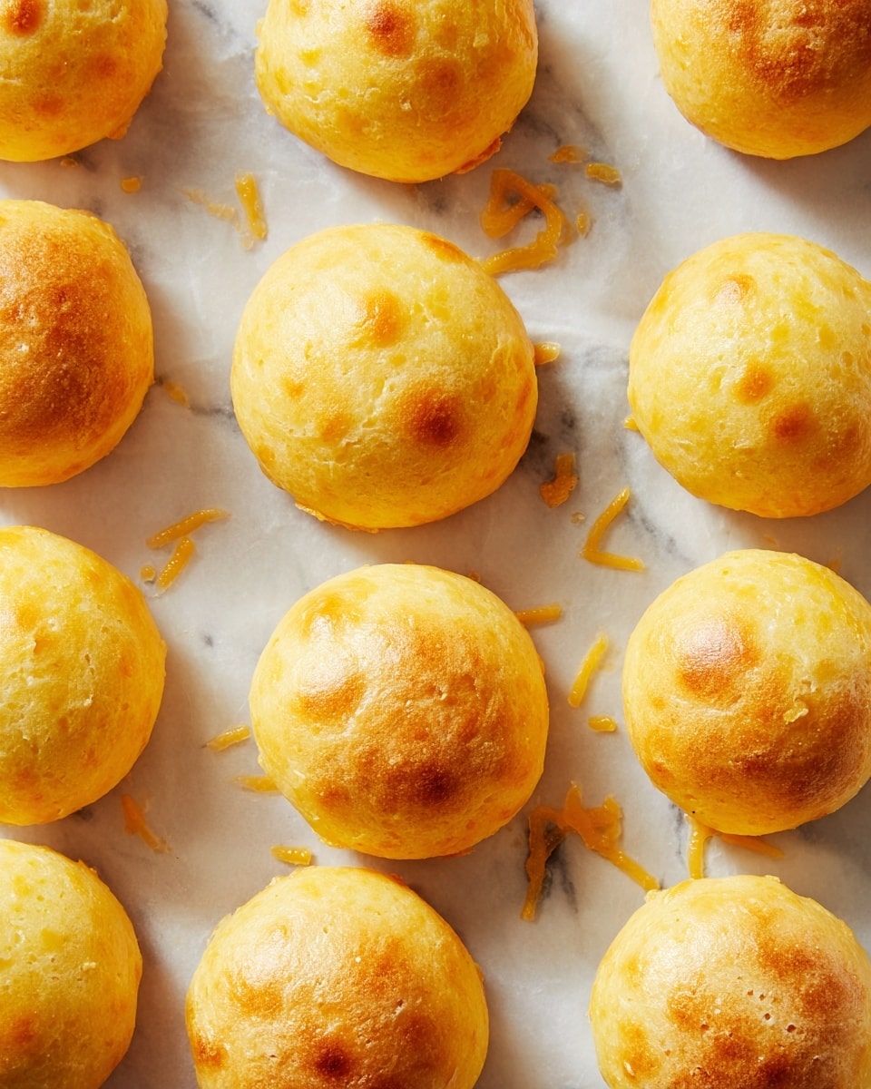 A close-up view of multiple small, round bread puffs arranged evenly on a sheet of parchment paper. Each puff has a smooth, golden-yellow crust with a slightly glossy, baked texture showing light brown spots. The puffs are spaced apart with some melted cheese bits scattered randomly around them, visible on the white marbled surface underneath the parchment. photo taken with an iphone --ar 4:5 --v 7