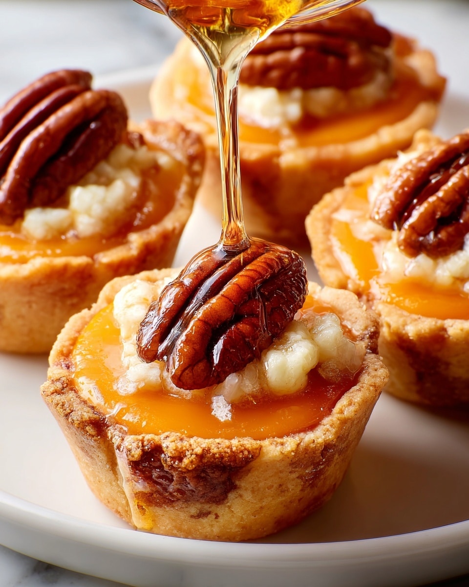 The image shows small tart cups with a golden-brown crust as the base layer, holding a smooth, orange filling topped by a small amount of melted white cheese. Each tart is decorated with one glossy, roasted pecan resting on top of the filling. In the center tart, amber syrup is being poured onto the pecan, creating a shiny, sticky layer. The tarts are placed on a white plate on a white marbled surface. photo taken with an iphone --ar 4:5 --v 7