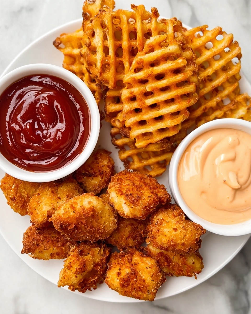 This image shows a white rectangular plate holding a pile of crispy, golden-brown breaded chicken pieces with a rough crumb texture. Behind the chicken, there are light brown waffle fries stacked in a loose pile. On the top left corner of the plate, there is a small white round bowl filled with bright red ketchup, and on the top right corner, another small white round bowl is filled with a light orange creamy dipping sauce. The plate is placed on a white marbled surface. photo taken with an iphone --ar 4:5 --v 7