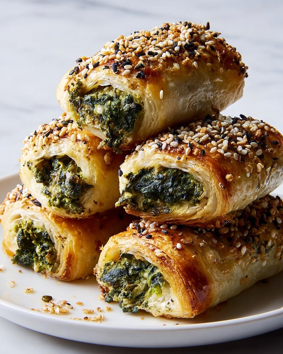 Several golden-brown pastries are arranged on a white marbled surface lined with baking paper. Each pastry is rectangular with a flaky top layer sprinkled with toasted sesame seeds and coarse spices in shades of black, white, and brown. The pastries are stuffed with a green spinach and cheese filling that is visible oozing out from some of them. One pastry in the center is broken open, showing the soft, textured green filling inside contrasting with the crisp crust. Scattered around the pastries are small, darkened bits of seeds and spices that have fallen during baking. photo taken with an iphone --ar 4:5 --v 7