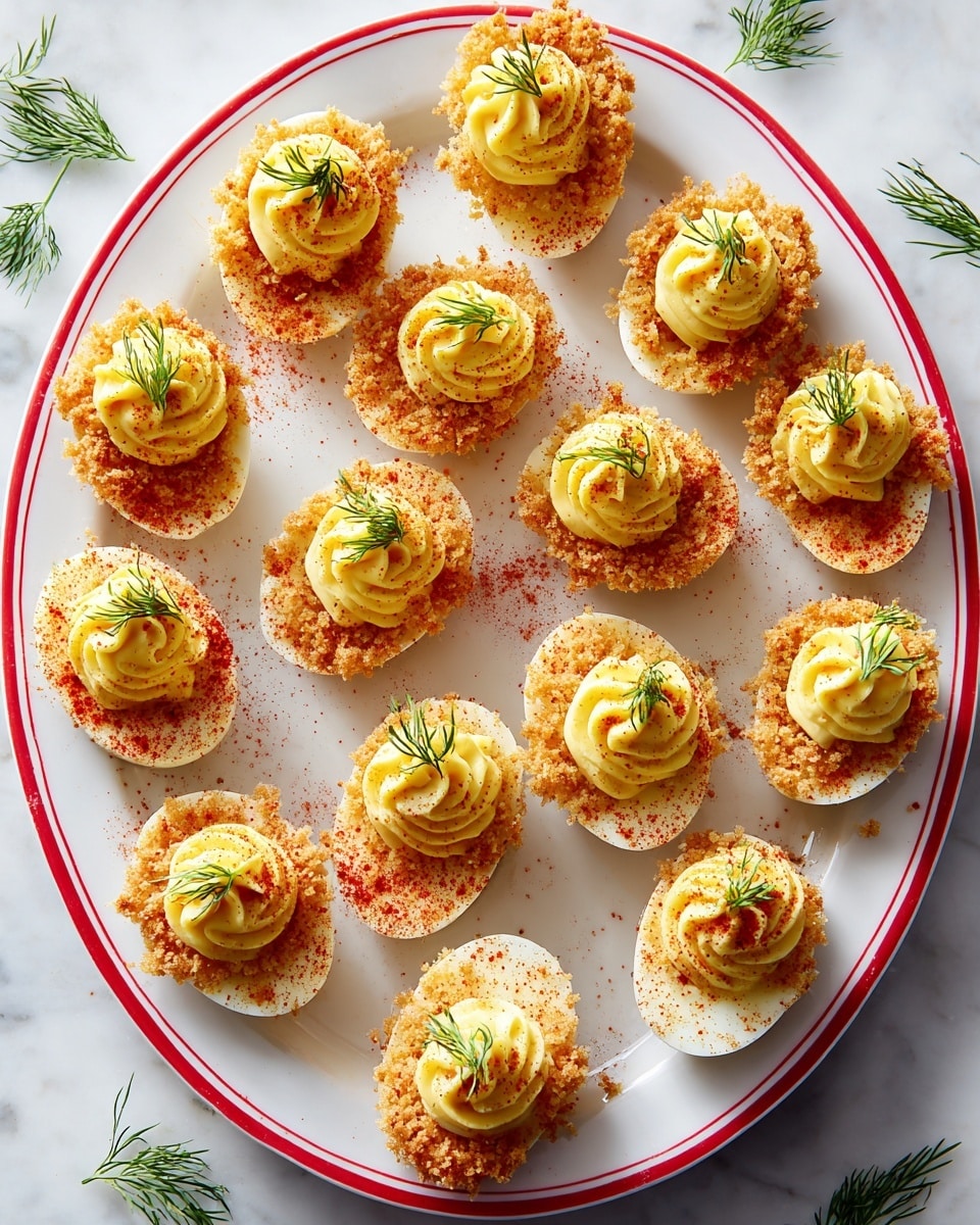 A white plate with a red rim holds about fifteen pieces of deviled eggs arranged evenly. Each egg half has a crispy light golden brown crumb coating as the base layer, topped with a smooth, yellow, piped dollop of creamy filling with a slightly swirled texture at the center. Each dollop is sprinkled lightly with reddish paprika, and a small green dill sprig crowns the top. Loose dill leaves are scattered around the plate on a white marbled surface. Photo taken with an iphone --ar 4:5 --v 7