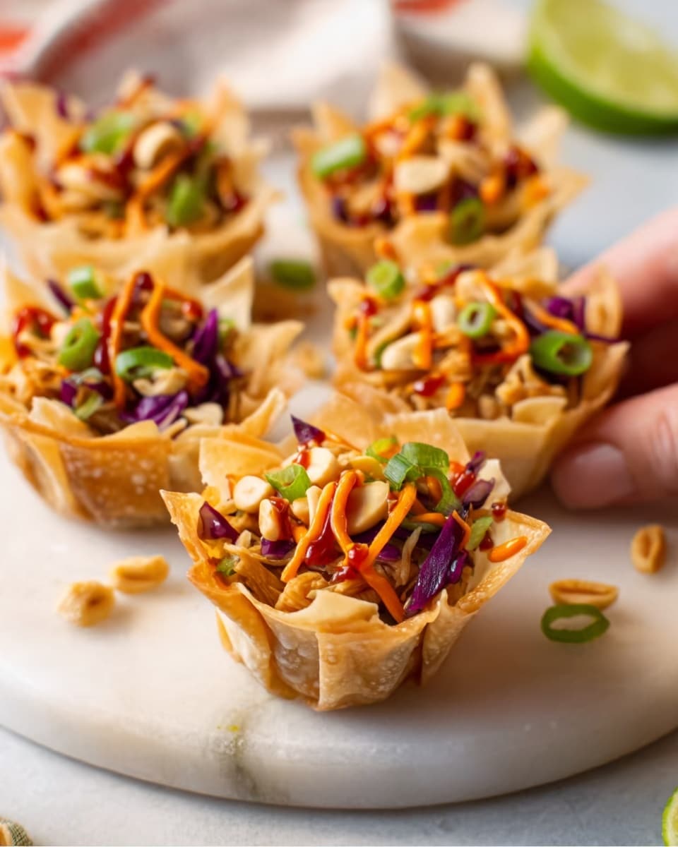 The image shows five small, cup-shaped appetizers served on a white marbled surface. Each appetizer has an outer shell made from a light golden, crispy filo or wonton wrapper that holds the filling. Inside, there are layers of colorful ingredients: a base of shredded purple cabbage, topped with thin carrot strips, chopped green onions, and chopped peanuts. Thin orange sauce lines drizzle over the top, adding contrast and texture. A woman's hand is holding one of the cups gently from the side. In the background, there is a lime wedge slightly blurred. Photo taken with an iphone --ar 4:5 --v 7